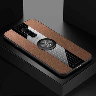 For OnePlus 7 Pro XINLI Stitching Cloth Texture Shockproof TPU Protective Case with Ring Holder(Brown)