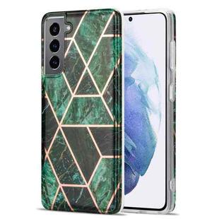 For Samsung Galaxy S21+ 5G Electroplating Stitching Marbled IMD Stripe Straight Edge Rubik Cube Phone Protective Case(Emerald Green)