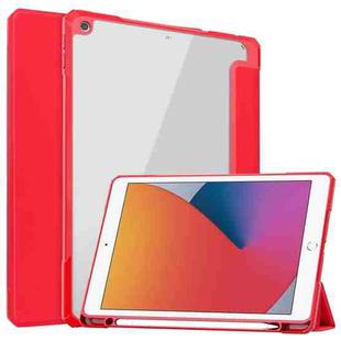 For iPad 10.2 2021 / 2020 / 2019 Transparent Acrylic + TPU Back Cover Horizontal Flip Leather Case with 3-folding Holder & Pen Holder & Sleep / Wake-up Function(Red)