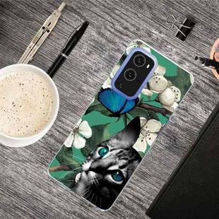 For OnePlus 9 Shockproof Painted Transparent TPU Protective Case(Cat Looking At Butterfly)
