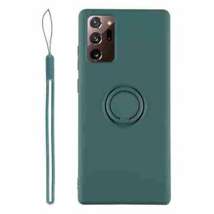 For Samsung Galaxy S20 FE Solid Color Liquid Silicone Shockproof Full Coverage Protective Case with Ring Holder & Lanyard(Deep Green)