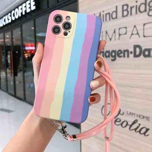 For iPhone 12 Pro Rainbow IMD Shockproof TPU Protective Case with Lanyard(Pink Rainbow+Pink Lanyard)