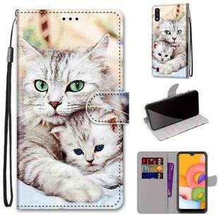 For Samsung Galaxy A01 Coloured Drawing Cross Texture Horizontal Flip PU Leather Case with Holder & Card Slots & Wallet & Lanyard(Big Cat Hugging Kitten)