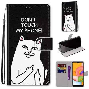 For Samsung Galaxy A01 Coloured Drawing Cross Texture Horizontal Flip PU Leather Case with Holder & Card Slots & Wallet & Lanyard(Middle Finger White Cat)