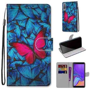 For Samsung Galaxy A7 2018 Coloured Drawing Cross Texture Horizontal Flip PU Leather Case with Holder & Card Slots & Wallet & Lanyard(Big Red Butterfly On Blue)