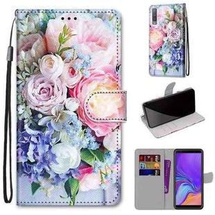 For Samsung Galaxy A7 2018 Coloured Drawing Cross Texture Horizontal Flip PU Leather Case with Holder & Card Slots & Wallet & Lanyard(Light Pink Bouquet)