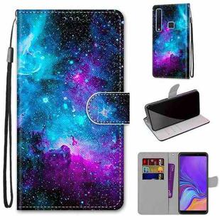 For Samsung Galaxy A9 2018 Coloured Drawing Cross Texture Horizontal Flip PU Leather Case with Holder & Card Slots & Wallet & Lanyard(Purple Green Starry Sky)