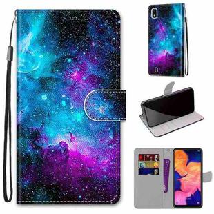 For Samsung Galaxy A10 Coloured Drawing Cross Texture Horizontal Flip PU Leather Case with Holder & Card Slots & Wallet & Lanyard(Purple Green Starry Sky)