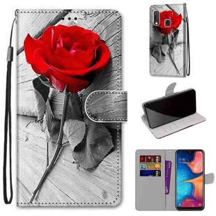 For Samsung Galaxy A20e Coloured Drawing Cross Texture Horizontal Flip PU Leather Case with Holder & Card Slots & Wallet & Lanyard(Red Rose On Wooden)