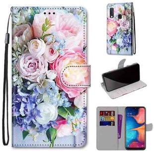 For Samsung Galaxy A20e Coloured Drawing Cross Texture Horizontal Flip PU Leather Case with Holder & Card Slots & Wallet & Lanyard(Light Pink Bouquet)