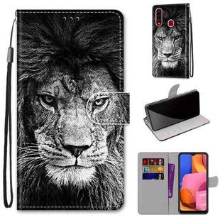 For Samsung Galaxy A20s Coloured Drawing Cross Texture Horizontal Flip PU Leather Case with Holder & Card Slots & Wallet & Lanyard(Black and White Lion Head)