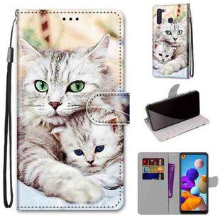 For Samsung Galaxy A21 Coloured Drawing Cross Texture Horizontal Flip PU Leather Case with Holder & Card Slots & Wallet & Lanyard(Big Cat Hugging Kitten)