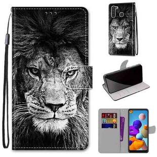 For Samsung Galaxy A21 Coloured Drawing Cross Texture Horizontal Flip PU Leather Case with Holder & Card Slots & Wallet & Lanyard(Black and White Lion Head)