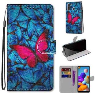 For Samsung Galaxy A21 Coloured Drawing Cross Texture Horizontal Flip PU Leather Case with Holder & Card Slots & Wallet & Lanyard(Big Red Butterfly On Blue)