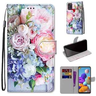 For Samsung Galaxy A21s Coloured Drawing Cross Texture Horizontal Flip PU Leather Case with Holder & Card Slots & Wallet & Lanyard(Light Pink Bouquet)