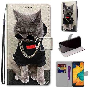 For Samsung Galaxy A30 & A20 Coloured Drawing Cross Texture Horizontal Flip PU Leather Case with Holder & Card Slots & Wallet & Lanyard(Golden Chain Grey Cat)