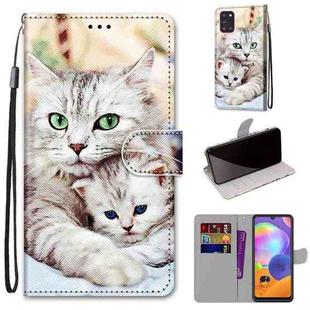 For Samsung Galaxy A31 Coloured Drawing Cross Texture Horizontal Flip PU Leather Case with Holder & Card Slots & Wallet & Lanyard(Big Cat Hugging Kitten)