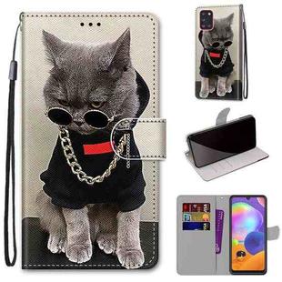For Samsung Galaxy A31 Coloured Drawing Cross Texture Horizontal Flip PU Leather Case with Holder & Card Slots & Wallet & Lanyard(Golden Chain Grey Cat)
