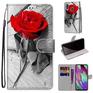For Samsung Galaxy A40 Coloured Drawing Cross Texture Horizontal Flip PU Leather Case with Holder & Card Slots & Wallet & Lanyard(Red Rose On Wooden)