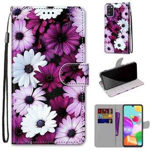 For Samsung Galaxy A41 Coloured Drawing Cross Texture Horizontal Flip PU Leather Case with Holder & Card Slots & Wallet & Lanyard(Chrysanthemum Pink White Purple)