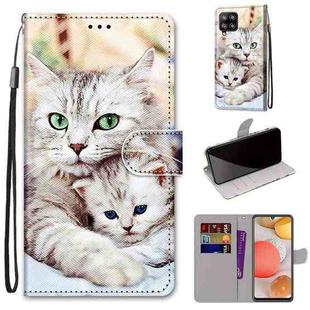 For Samsung Galaxy A42 5G Coloured Drawing Cross Texture Horizontal Flip PU Leather Case with Holder & Card Slots & Wallet & Lanyard(Big Cat Hugging Kitten)