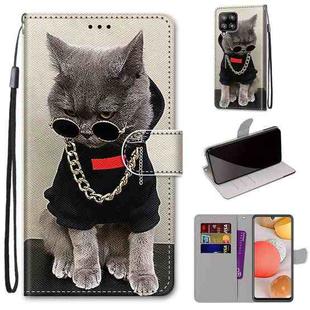 For Samsung Galaxy A42 5G Coloured Drawing Cross Texture Horizontal Flip PU Leather Case with Holder & Card Slots & Wallet & Lanyard(Golden Chain Grey Cat)