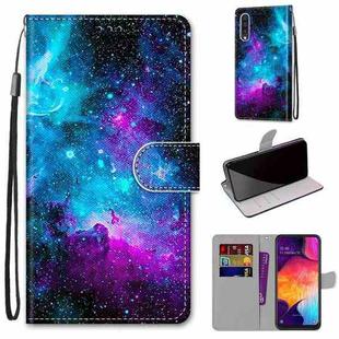 For Samsung Galaxy A50 Coloured Drawing Cross Texture Horizontal Flip PU Leather Case with Holder & Card Slots & Wallet & Lanyard(Purple Green Starry Sky)