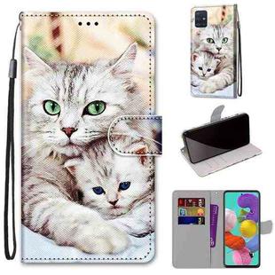 For Samsung Galaxy A51 Coloured Drawing Cross Texture Horizontal Flip PU Leather Case with Holder & Card Slots & Wallet & Lanyard(Big Cat Hugging Kitten)