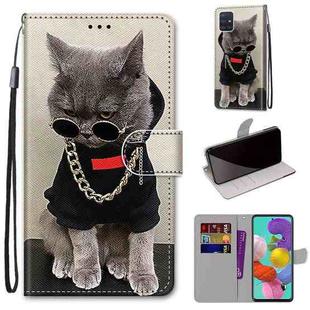 For Samsung Galaxy A51 Coloured Drawing Cross Texture Horizontal Flip PU Leather Case with Holder & Card Slots & Wallet & Lanyard(Golden Chain Grey Cat)