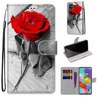 For Samsung Galaxy A51 Coloured Drawing Cross Texture Horizontal Flip PU Leather Case with Holder & Card Slots & Wallet & Lanyard(Red Rose On Wooden)