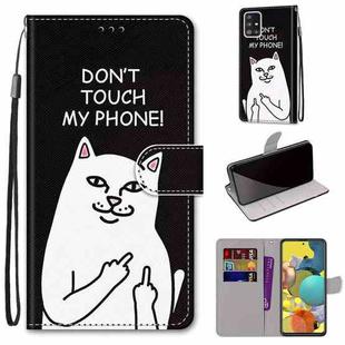For Samsung Galaxy A51 5G Coloured Drawing Cross Texture Horizontal Flip PU Leather Case with Holder & Card Slots & Wallet & Lanyard(Middle Finger White Cat)
