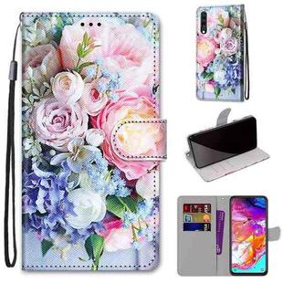 For Samsung Galaxy A70 Coloured Drawing Cross Texture Horizontal Flip PU Leather Case with Holder & Card Slots & Wallet & Lanyard(Light Pink Bouquet)