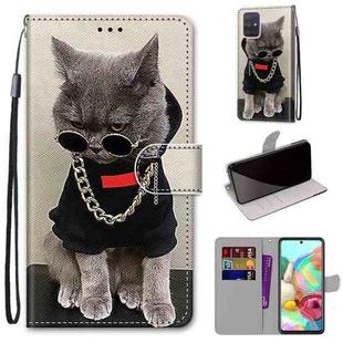 For Samsung Galaxy A71 5G Coloured Drawing Cross Texture Horizontal Flip PU Leather Case with Holder & Card Slots & Wallet & Lanyard(Golden Chain Grey Cat)