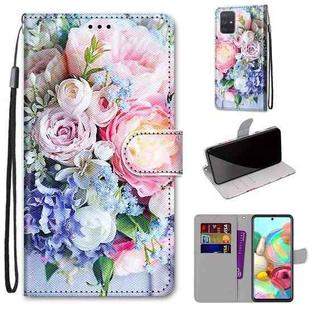 For Samsung Galaxy A71 5G Coloured Drawing Cross Texture Horizontal Flip PU Leather Case with Holder & Card Slots & Wallet & Lanyard(Light Pink Bouquet)