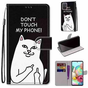 For Samsung Galaxy A71 5G Coloured Drawing Cross Texture Horizontal Flip PU Leather Case with Holder & Card Slots & Wallet & Lanyard(Middle Finger White Cat)