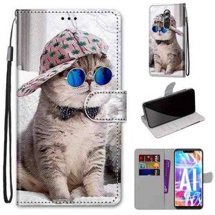 For Huawei Mate 20 Lite / Maimang 7 Coloured Drawing Cross Texture Horizontal Flip PU Leather Case with Holder & Card Slots & Wallet & Lanyard(B20 Slant Hat Blue Mirror Cat)