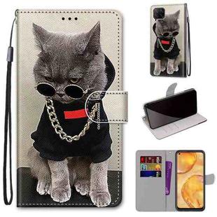 For Huawei nova 6 SE / P40 Lite Coloured Drawing Cross Texture Horizontal Flip PU Leather Case with Holder & Card Slots & Wallet & Lanyard(B09 Golden Chain Grey Cat)