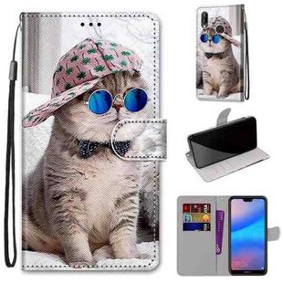 For Huawei P20 Lite / nova 3e Coloured Drawing Cross Texture Horizontal Flip PU Leather Case with Holder & Card Slots & Wallet & Lanyard(B20 Slant Hat Blue Mirror Cat)