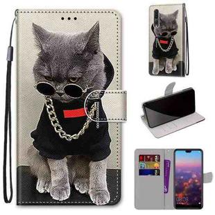 For Huawei P20 Pro Coloured Drawing Cross Texture Horizontal Flip PU Leather Case with Holder & Card Slots & Wallet & Lanyard(B09 Golden Chain Grey Cat)