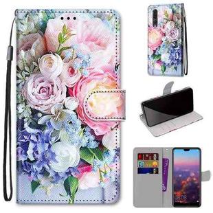 For Huawei P20 Pro Coloured Drawing Cross Texture Horizontal Flip PU Leather Case with Holder & Card Slots & Wallet & Lanyard(Light Pink Bouquet)