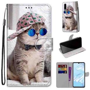 For Huawei P30 Coloured Drawing Cross Texture Horizontal Flip PU Leather Case with Holder & Card Slots & Wallet & Lanyard(B20 Slant Hat Blue Mirror Cat)