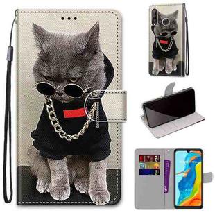 For Huawei P30 Lite Coloured Drawing Cross Texture Horizontal Flip PU Leather Case with Holder & Card Slots & Wallet & Lanyard(B09 Golden Chain Grey Cat)