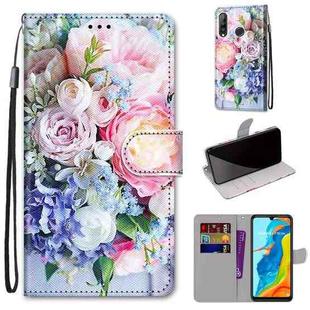 For Huawei P30 Lite Coloured Drawing Cross Texture Horizontal Flip PU Leather Case with Holder & Card Slots & Wallet & Lanyard(Light Pink Bouquet)