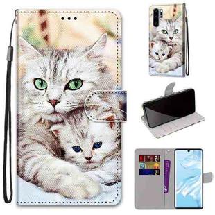 For Huawei P30 Pro Coloured Drawing Cross Texture Horizontal Flip PU Leather Case with Holder & Card Slots & Wallet & Lanyard(Big Cat Holding Kitten)