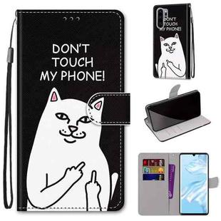 For Huawei P30 Pro Coloured Drawing Cross Texture Horizontal Flip PU Leather Case with Holder & Card Slots & Wallet & Lanyard(18 Middle Finger White Cat)