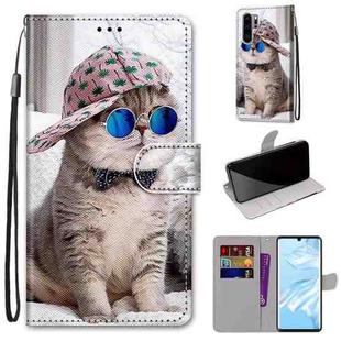 For Huawei P30 Pro Coloured Drawing Cross Texture Horizontal Flip PU Leather Case with Holder & Card Slots & Wallet & Lanyard(B20 Slant Hat Blue Mirror Cat)