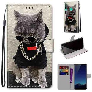 For Huawei P40 Lite E / Y7p Coloured Drawing Cross Texture Horizontal Flip PU Leather Case with Holder & Card Slots & Wallet & Lanyard(B09 Golden Chain Grey Cat)