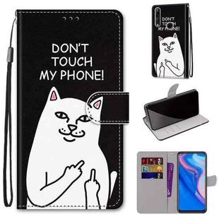 For Huawei P smart Z / Y9 Prime Coloured Drawing Cross Texture Horizontal Flip PU Leather Case with Holder & Card Slots & Wallet & Lanyard(18 Middle Finger White Cat)