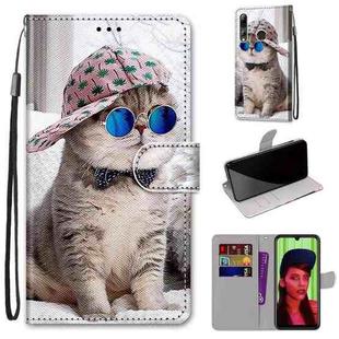 For Huawei P smart+ 2019 / Enjoy 9s Coloured Drawing Cross Texture Horizontal Flip PU Leather Case with Holder & Card Slots & Wallet & Lanyard(B20 Slant Hat Blue Mirror Cat)