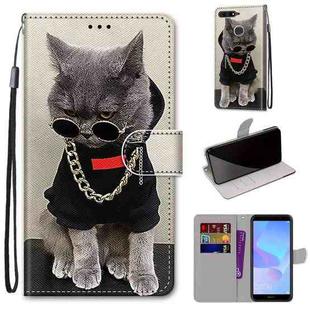 For Huawei Y6 (2018) / Honor 7A Coloured Drawing Cross Texture Horizontal Flip PU Leather Case with Holder & Card Slots & Wallet & Lanyard(B09 Golden Chain Grey Cat)